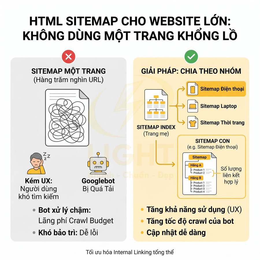 Hướng dẫn tối ưu HTML sitemap cho website lớn bằng cách chia sitemap theo nhóm thay vì dùng một trang duy nhất