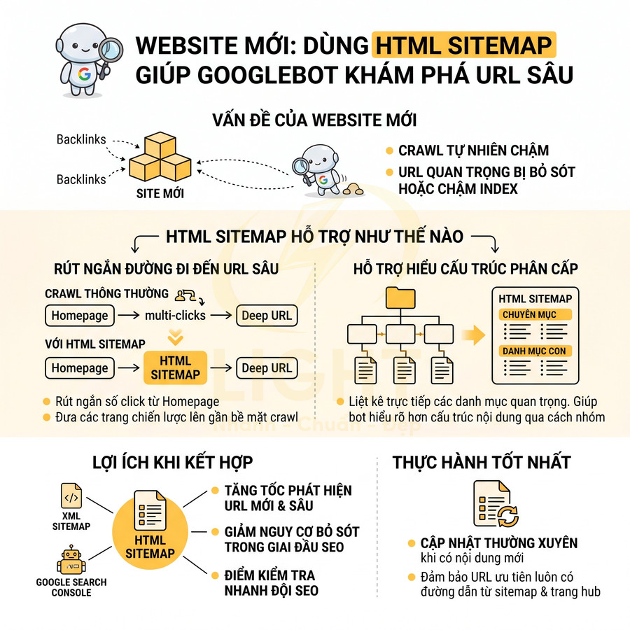 Infographic hướng dẫn dùng HTML sitemap cho website mới để Googlebot khám phá nhanh URL sâu và cải thiện SEO