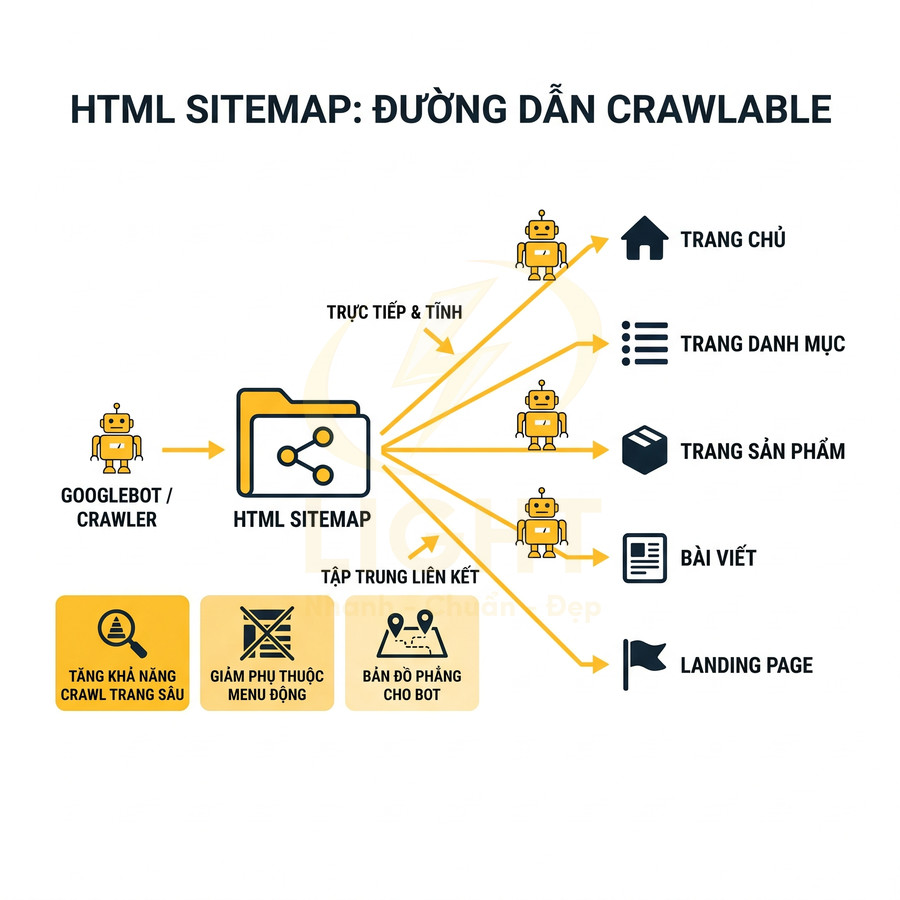 Sơ đồ HTML sitemap giúp Googlebot thu thập trang chủ, danh mục, trang sản phẩm, bài viết và landing page hiệu quả