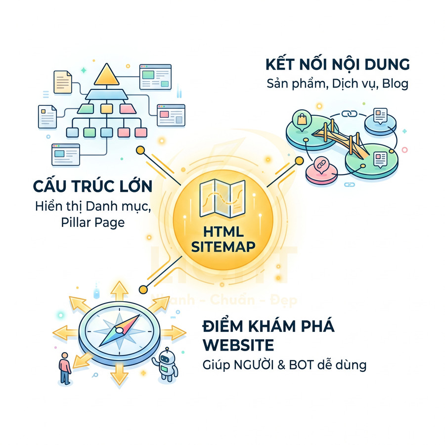 Minh họa lợi ích HTML sitemap trong SEO với cấu trúc lớn, kết nối nội dung và điểm khám phá website