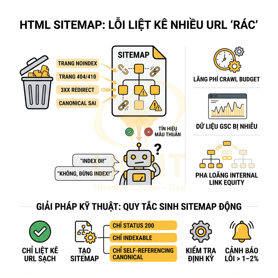 Minh họa lỗi HTML sitemap liệt kê nhiều URL rác và giải pháp kỹ thuật tối ưu sitemap động cho SEO