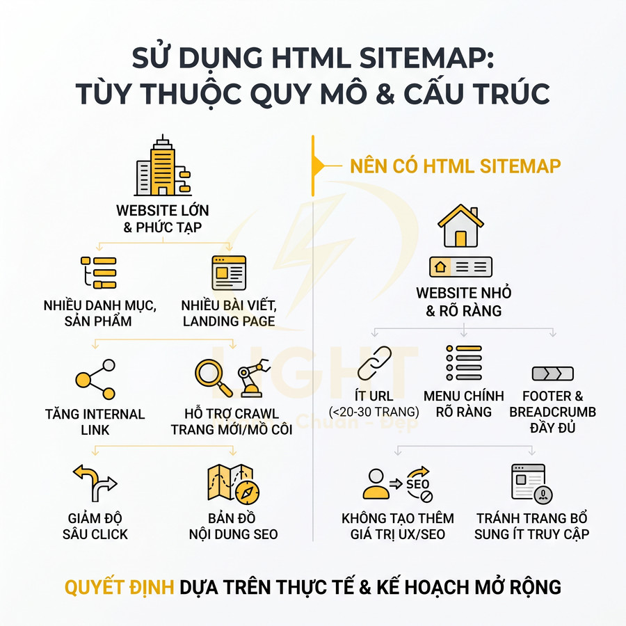 Infographic hướng dẫn khi nào nên dùng HTML sitemap cho website lớn phức tạp hoặc website nhỏ rõ ràng