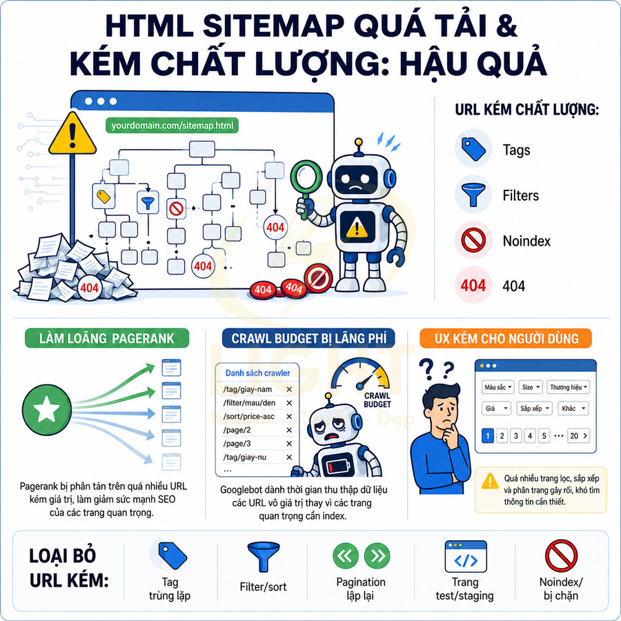 Infographic hậu quả HTML sitemap quá tải và kém chất lượng đối với SEO, pagerank, crawl budget và trải nghiệm người dùng
