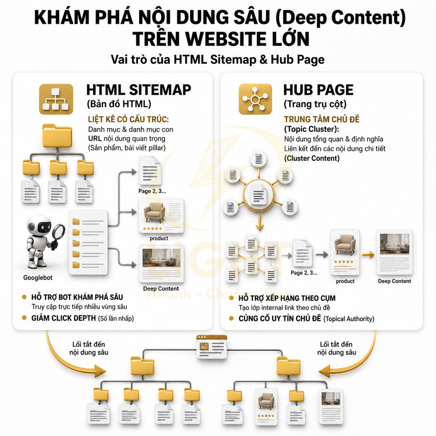 Sơ đồ vai trò HTML Sitemap và Hub Page trong khám phá nội dung sâu và tối ưu SEO cho website lớn