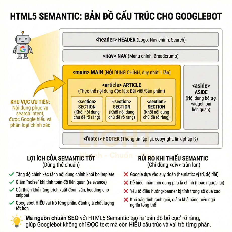 Sơ đồ cấu trúc HTML5 semantic chuẩn SEO giúp Googlebot hiểu rõ vai trò từng phần tử trên trang web