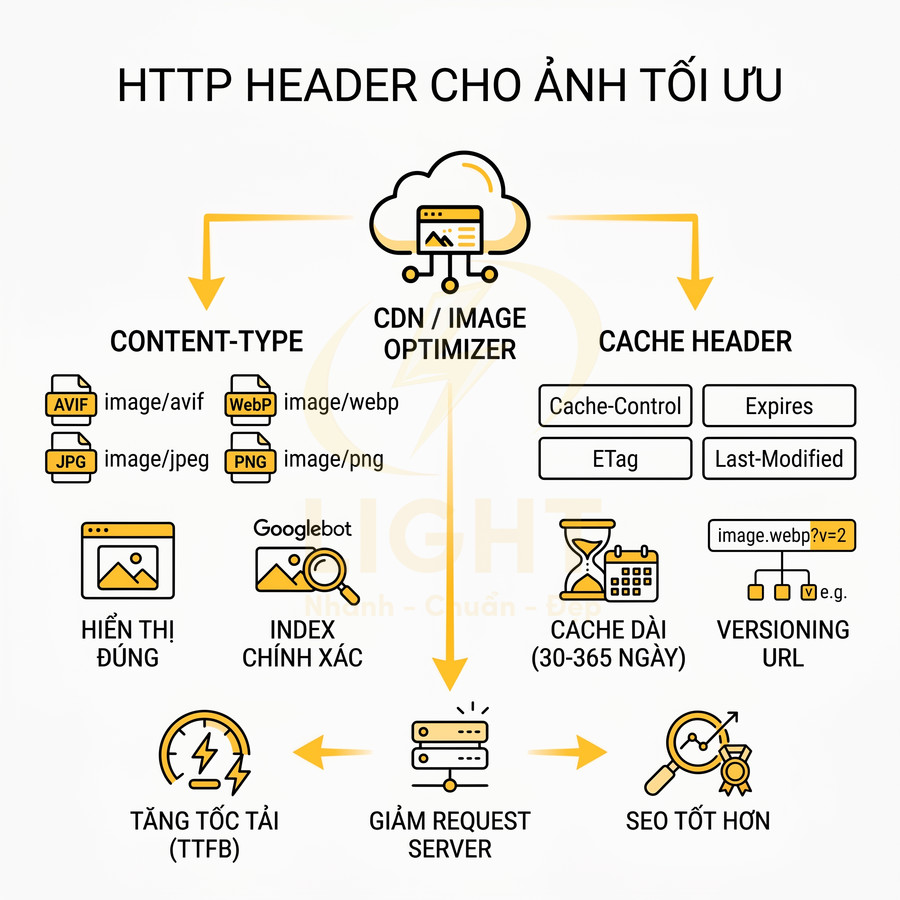 Sơ đồ tối ưu HTTP header cho ảnh với content type, CDN, cache header và lợi ích SEO