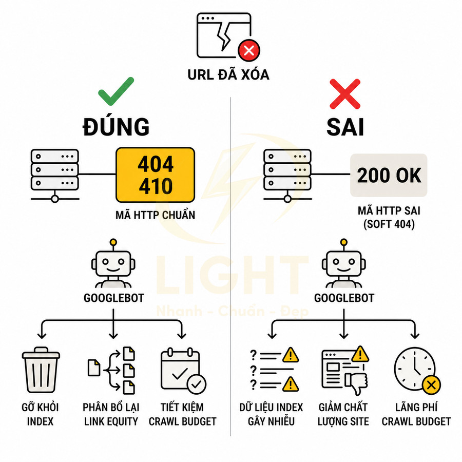 So sánh cách xử lý URL đã xóa với mã 404 410 đúng chuẩn và mã 200 OK soft 404 ảnh hưởng SEO