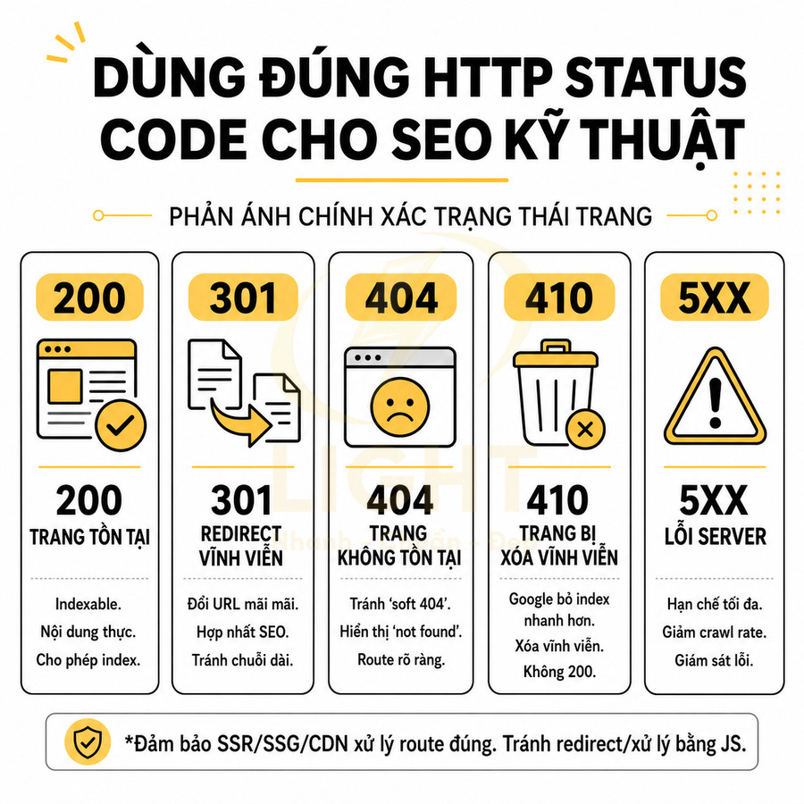 Infographic hướng dẫn dùng đúng mã trạng thái HTTP 200 301 404 410 5xx cho SEO kỹ thuật