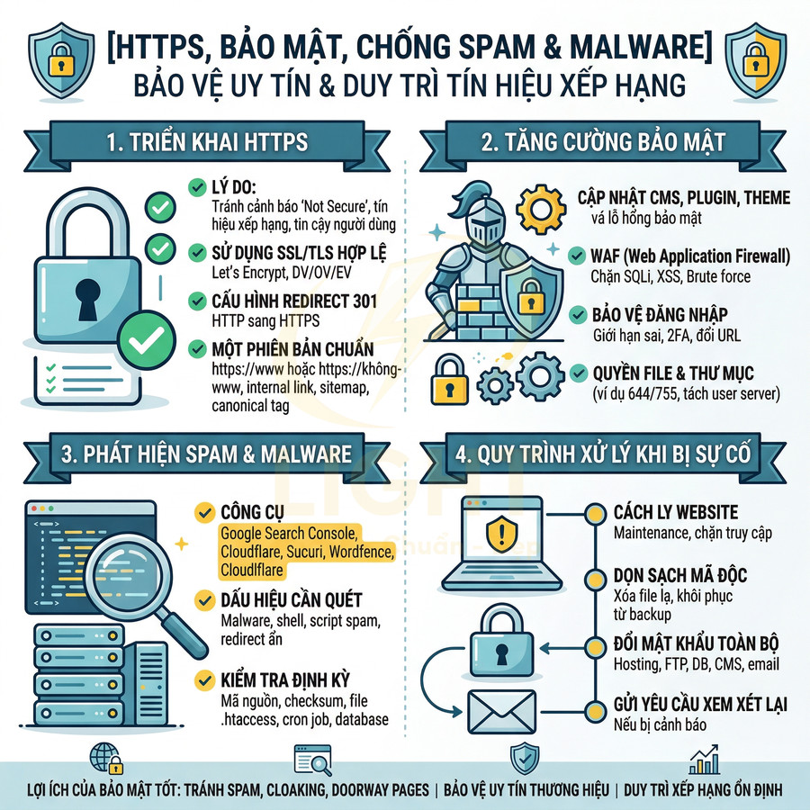 Infographic hướng dẫn bảo mật website với HTTPS, chống spam và malware, tăng cường bảo vệ và xử lý sự cố an ninh mạng