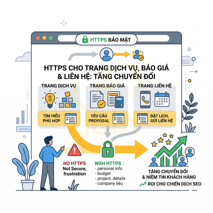 Minh họa lợi ích dùng HTTPS cho trang dịch vụ báo giá liên hệ giúp tăng chuyển đổi và niềm tin khách hàng