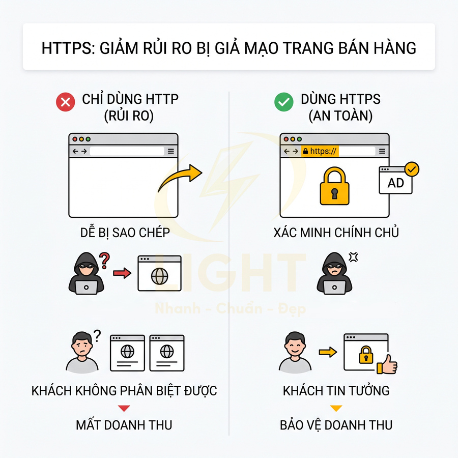 So sánh dùng HTTP và HTTPS cho website bán hàng, minh họa rủi ro giả mạo và lợi ích bảo vệ doanh thu