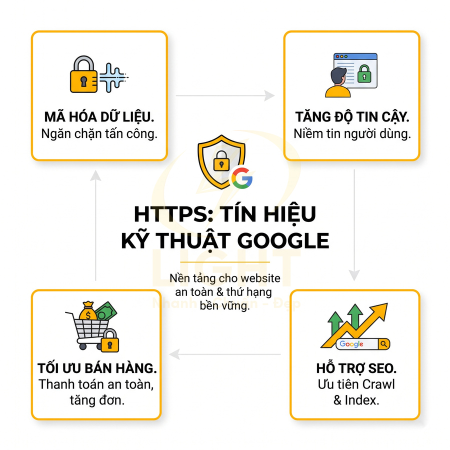 Lợi ích HTTPS cho website: mã hóa dữ liệu, tăng độ tin cậy, tối ưu bán hàng và hỗ trợ SEO trên Google