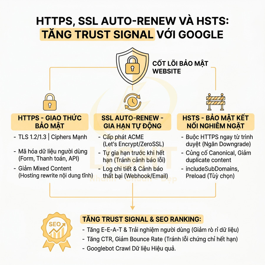 Infographic giải thích lợi ích HTTPS, SSL auto renew và HSTS trong bảo mật website và tăng trust signal SEO