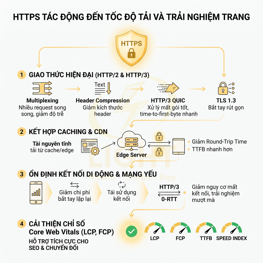 Mô tả HTTPS giúp tăng tốc độ tải trang, ổn định kết nối và cải thiện Core Web Vitals cho SEO