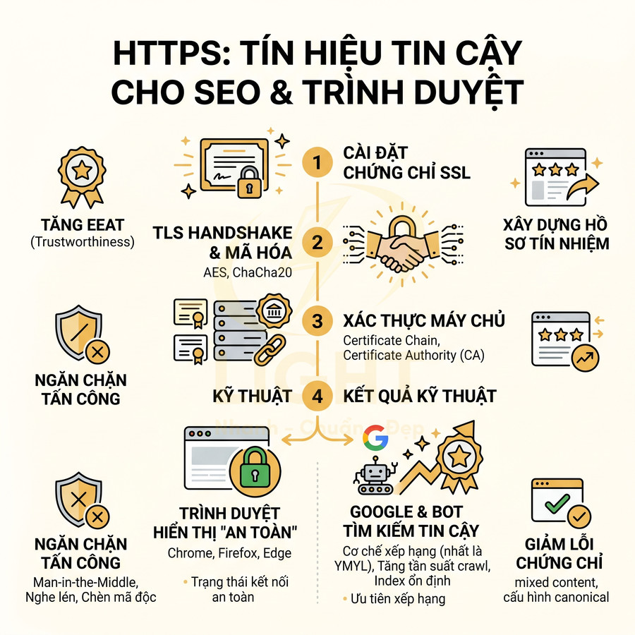 Infographic giải thích lợi ích HTTPS và chứng chỉ SSL đối với bảo mật website, SEO và độ tin cậy trình duyệt