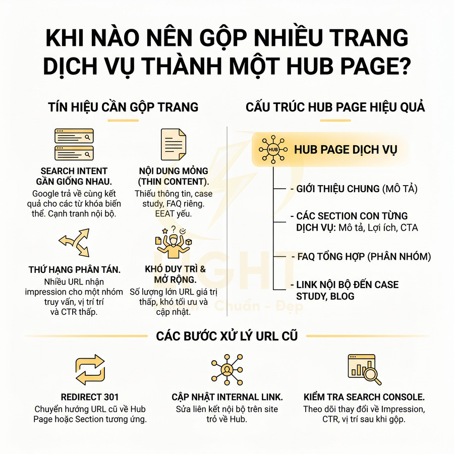 Infographic hướng dẫn khi nào nên gộp nhiều trang dịch vụ thành một hub page và cách tối ưu cấu trúc SEO