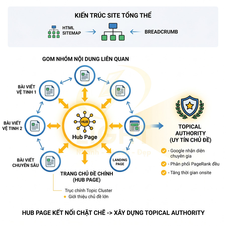 Mô hình kiến trúc site Hub Page và Topic Cluster giúp xây dựng topical authority cho SEO