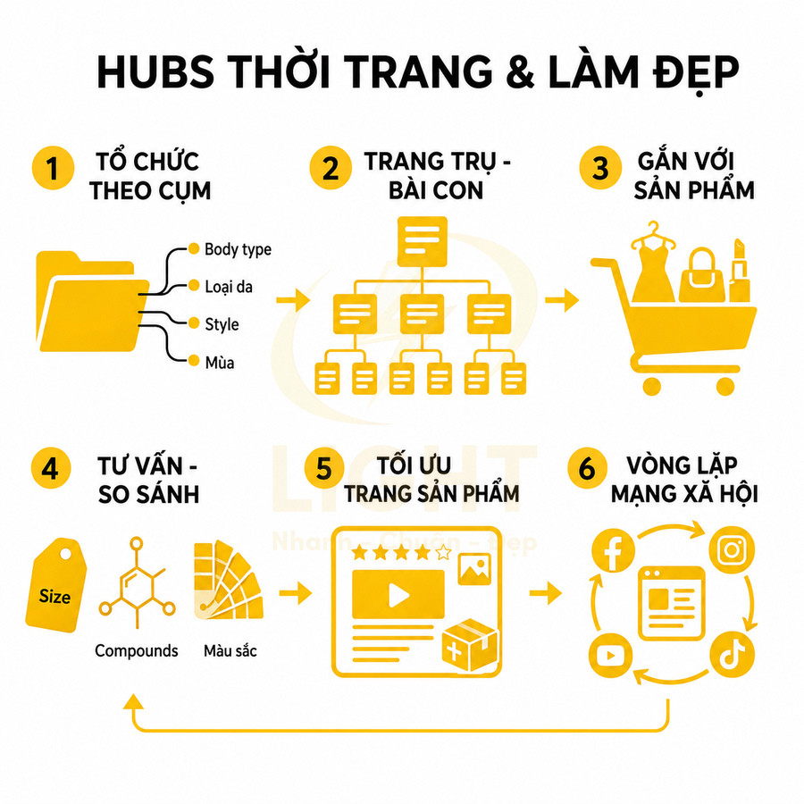 Quy trình xây dựng hub nội dung thời trang làm đẹp gắn với sản phẩm và tối ưu trang bán hàng online
