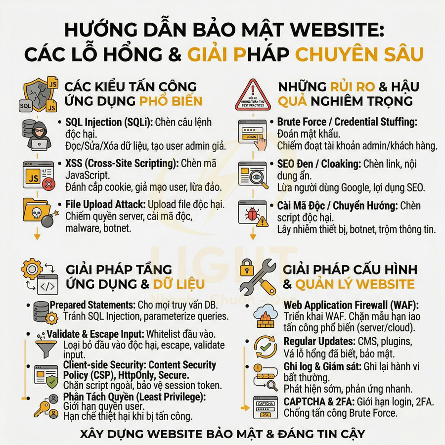 Hướng dẫn bảo mật website trình bày các lỗ hổng tấn công phổ biến và giải pháp tăng an toàn ứng dụng