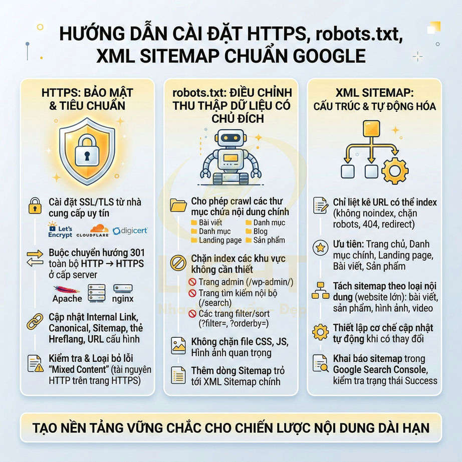 Hướng dẫn cài đặt HTTPS robots.txt và XML sitemap chuẩn Google bằng infographic tiếng Việt