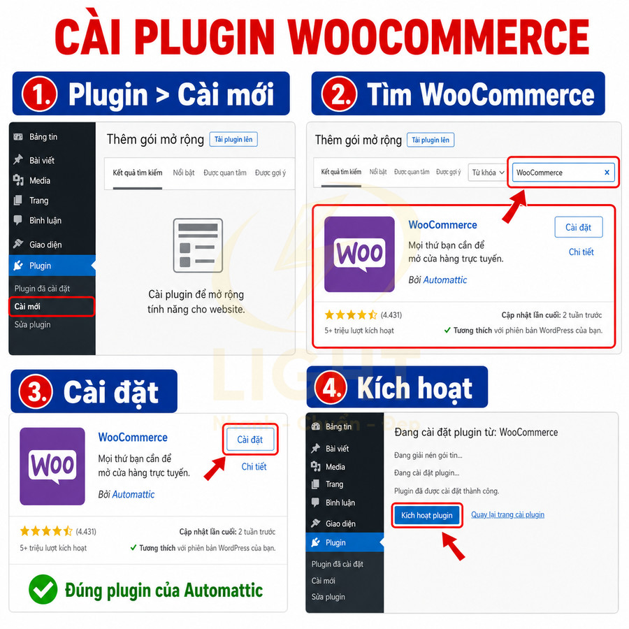 Hướng dẫn từng bước cài đặt và kích hoạt plugin WooCommerce trên trang quản trị WordPress