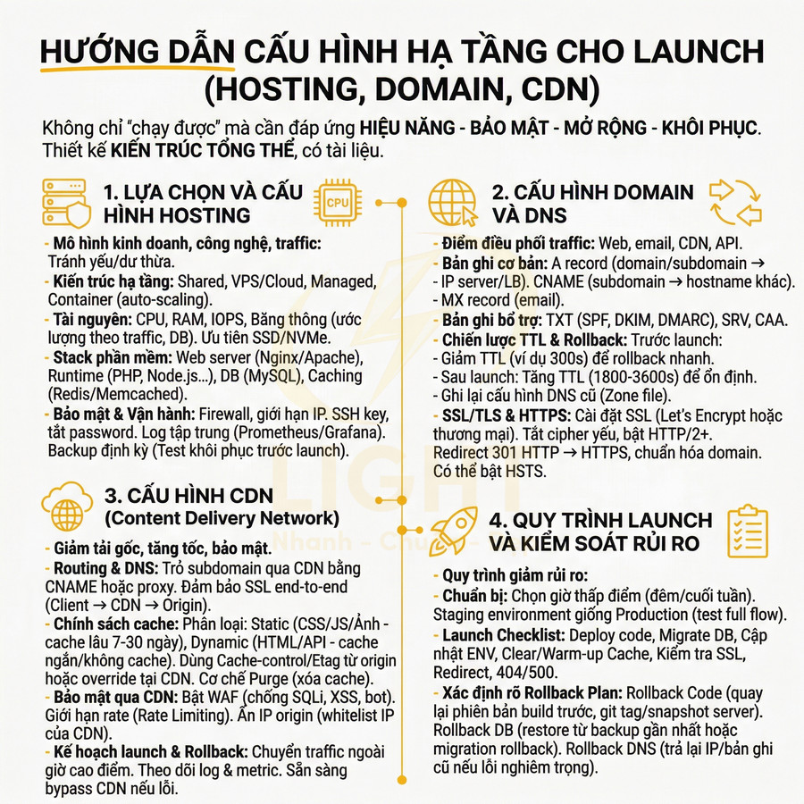 Hướng dẫn cấu hình hạ tầng launch website với hosting, domain, DNS và CDN, tối ưu hiệu năng và bảo mật