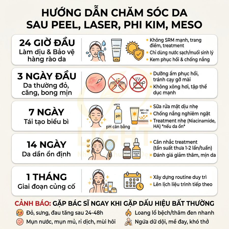 Hướng dẫn chăm sóc da sau peel laser phi kim meso theo từng giai đoạn và lưu ý cảnh báo