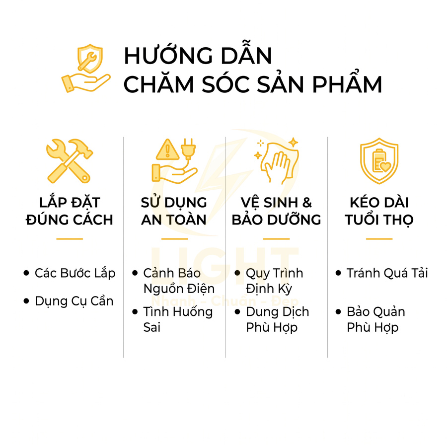 Hướng dẫn chăm sóc sản phẩm với các mục lắp đặt đúng cách, sử dụng an toàn, vệ sinh bảo dưỡng, kéo dài tuổi thọ