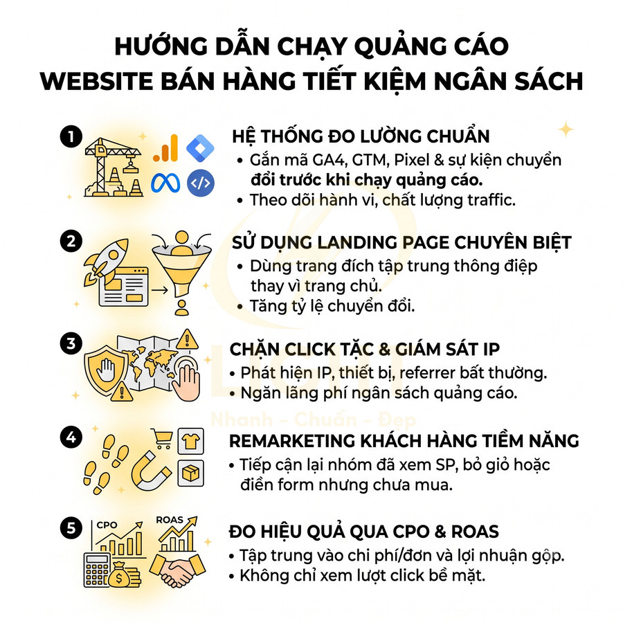Hướng dẫn chạy quảng cáo website bán hàng tiết kiệm ngân sách với 5 bước tối ưu chuyển đổi và đo lường hiệu quả