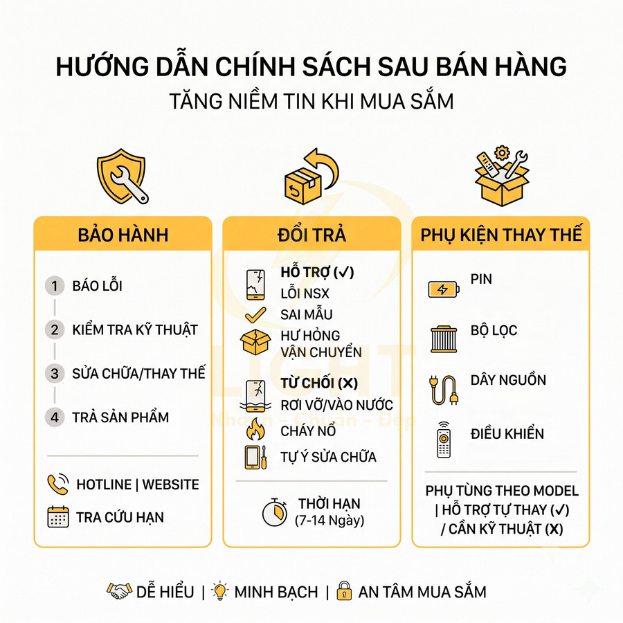 Hướng dẫn chính sách bảo hành đổi trả và phụ kiện thay thế sau bán hàng cho sản phẩm điện máy