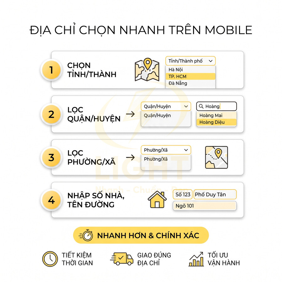 Hướng dẫn chọn nhanh địa chỉ giao hàng trên mobile theo 4 bước để nhập đúng tỉnh quận phường và số nhà