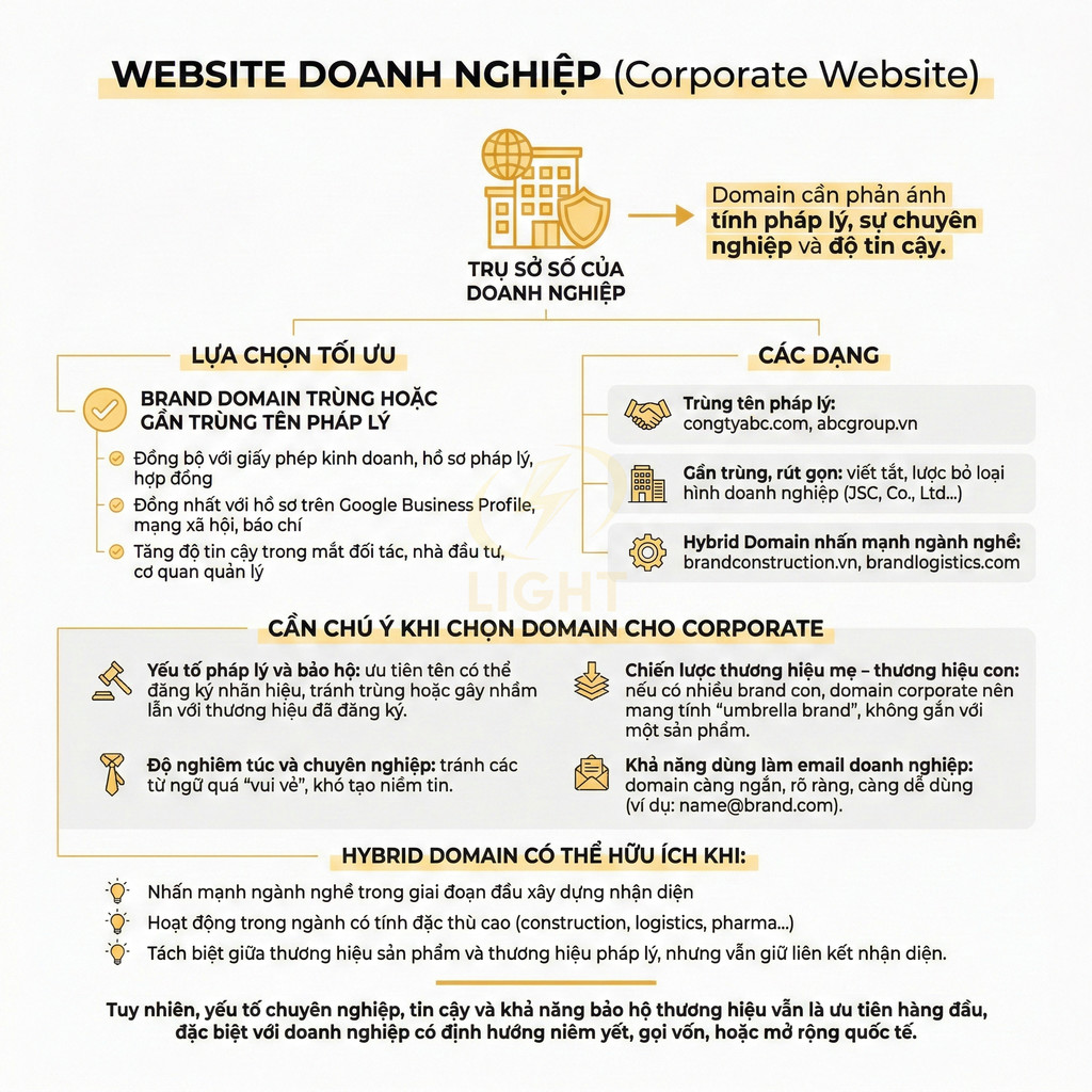 Infographic hướng dẫn chọn domain cho website doanh nghiệp, nêu các dạng brand domain và hybrid domain cùng lưu ý pháp lý