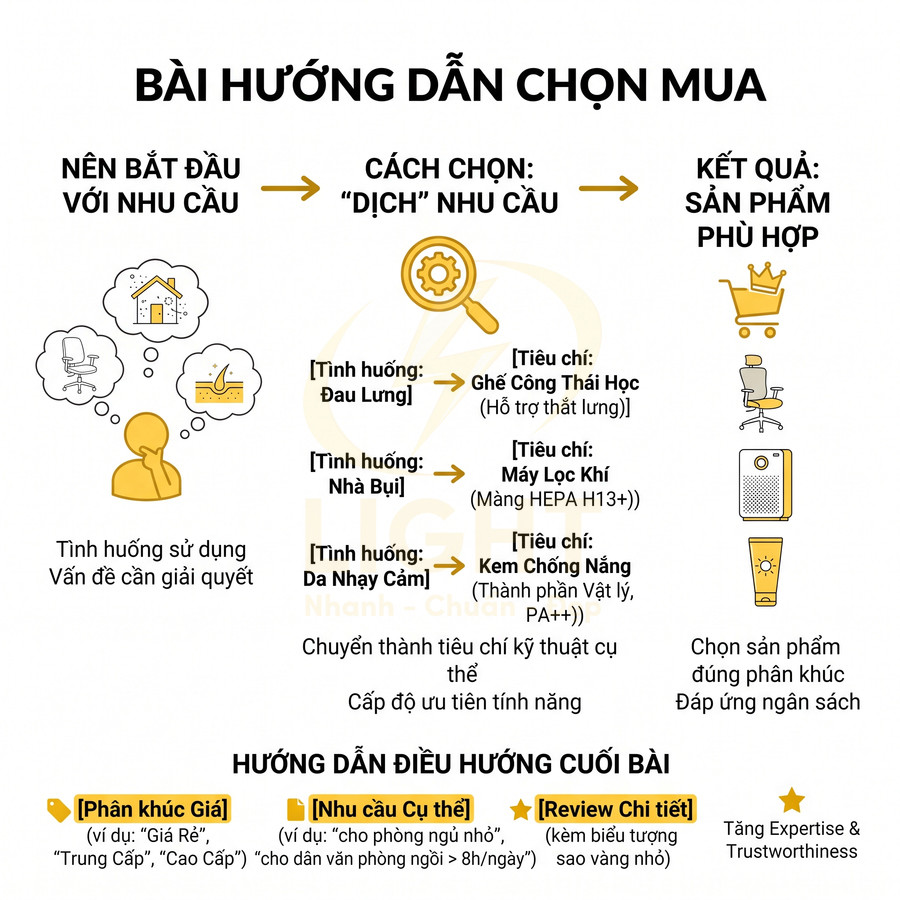 Hướng dẫn chọn mua sản phẩm theo nhu cầu với ví dụ ghế công thái học, máy lọc khí và kem chống nắng
