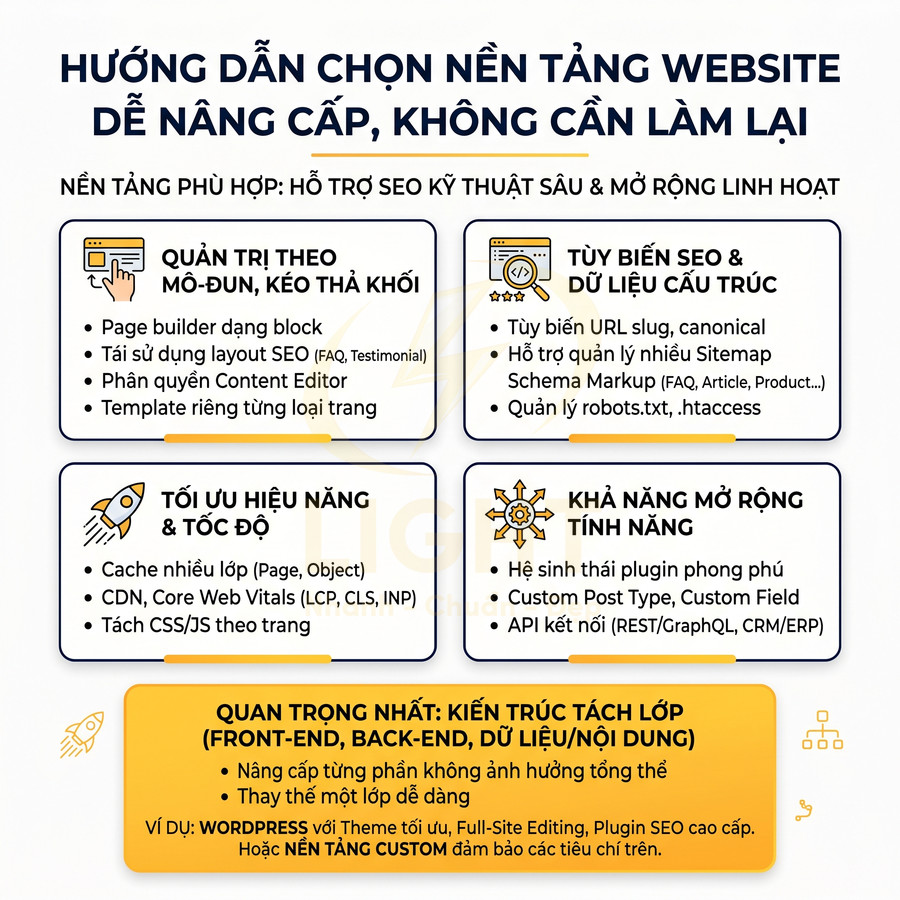 Hướng dẫn chọn nền tảng website hỗ trợ SEO, tối ưu tốc độ và mở rộng tính năng, gợi ý dùng WordPress hoặc nền tảng custom