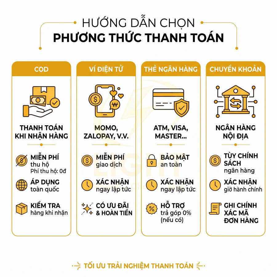 Hướng dẫn chọn phương thức thanh toán COD, ví điện tử, thẻ ngân hàng và chuyển khoản ngân hàng nội địa