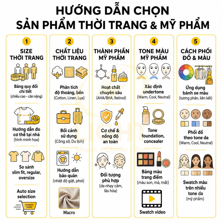 Hướng dẫn chọn size, chất liệu thời trang và thành phần, tone màu, cách phối đồ mỹ phẩm bằng hình minh họa trực quan