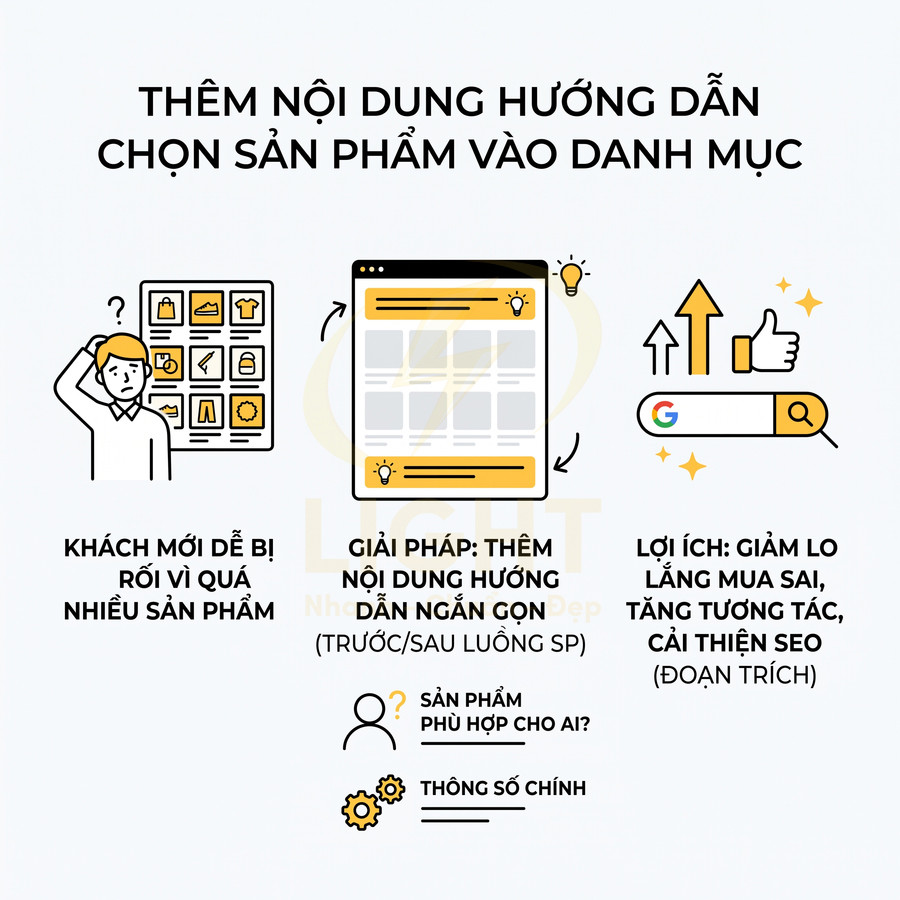 Minh họa hướng dẫn thêm nội dung chọn sản phẩm vào danh mục để giảm rối, tăng tương tác và cải thiện SEO cho website