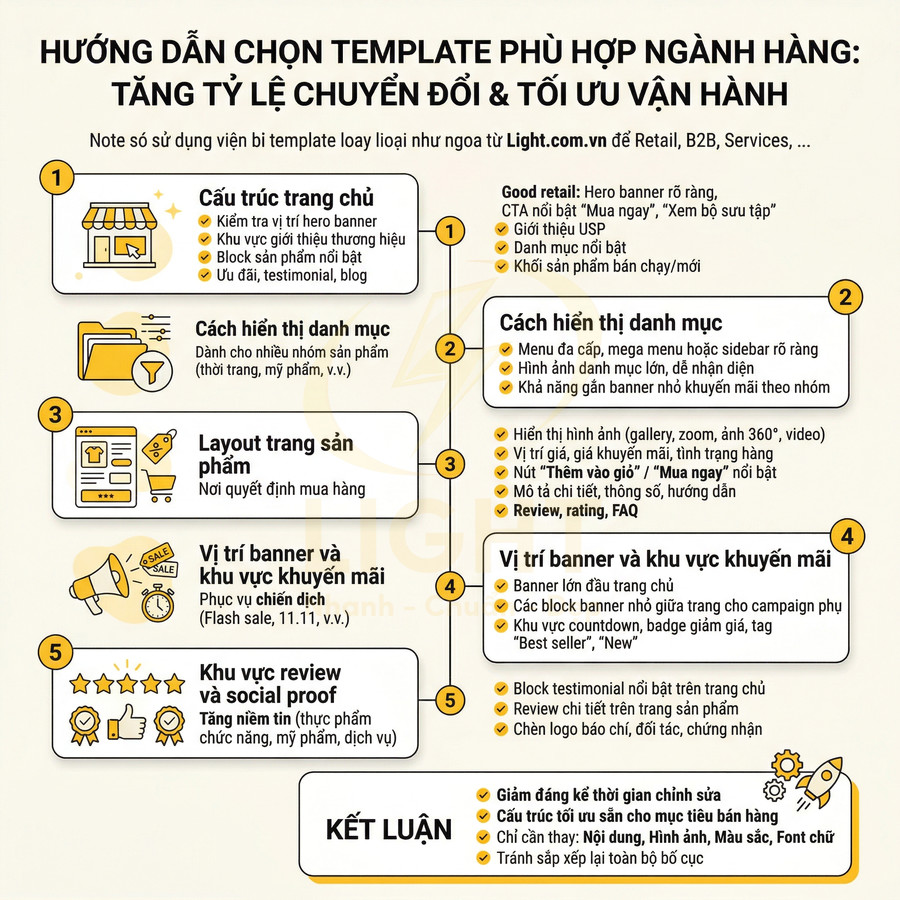 Hướng dẫn chọn template website bán hàng tối ưu chuyển đổi với cấu trúc trang chủ, danh mục, banner và review