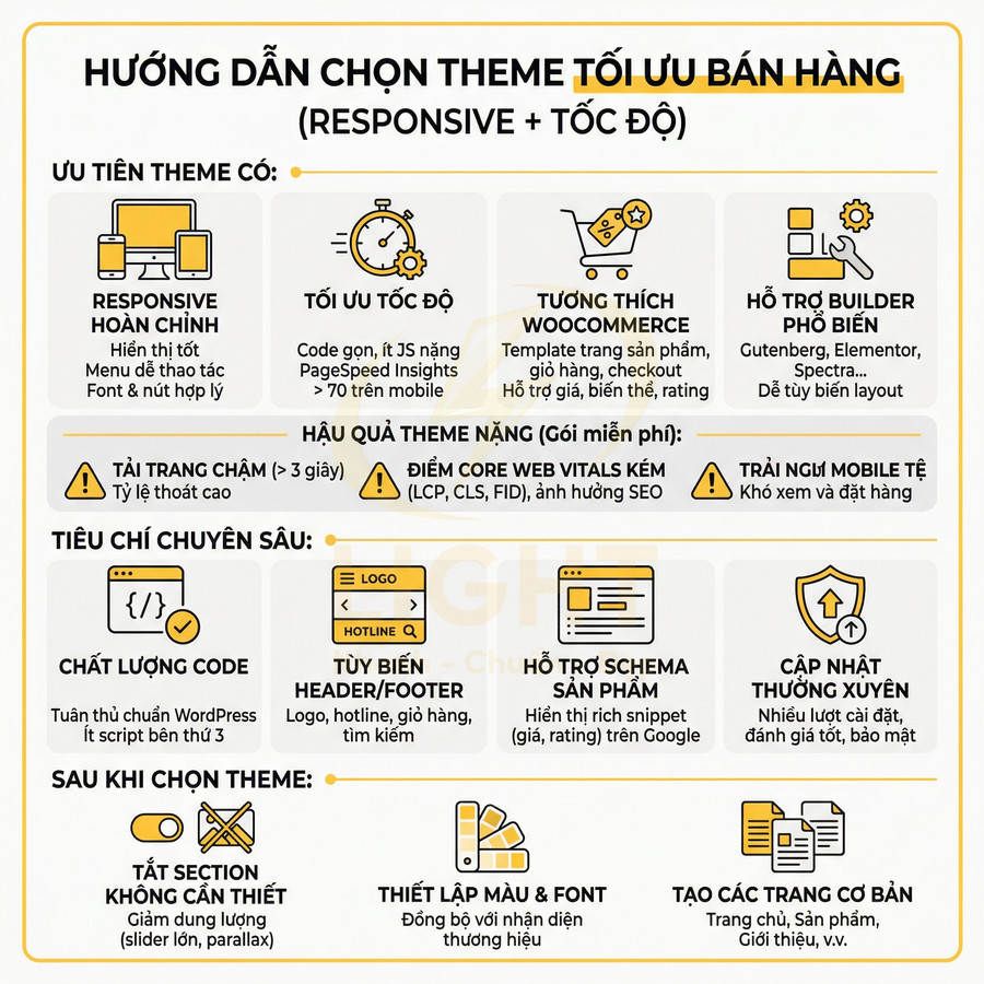 Hướng dẫn chọn theme WordPress tối ưu bán hàng, nhấn mạnh responsive, tốc độ, hỗ trợ WooCommerce và builder phổ biến