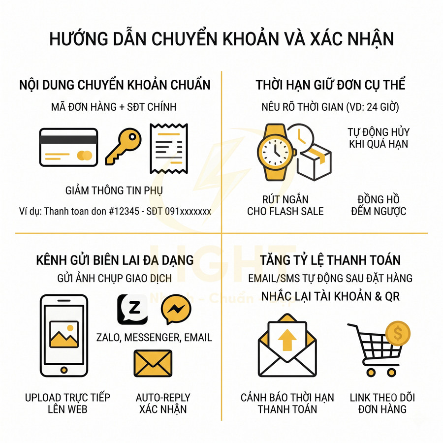 Hướng dẫn chuyển khoản và xác nhận đơn hàng với nội dung chuẩn, thời hạn giữ đơn, kênh gửi biên lai và nhắc thanh toán