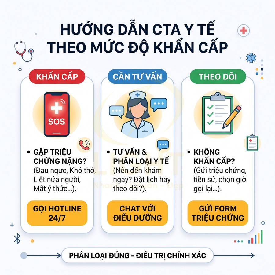 Infographic hướng dẫn CTA y tế theo mức độ khẩn cấp với hotline, chat điều dưỡng và gửi form triệu chứng