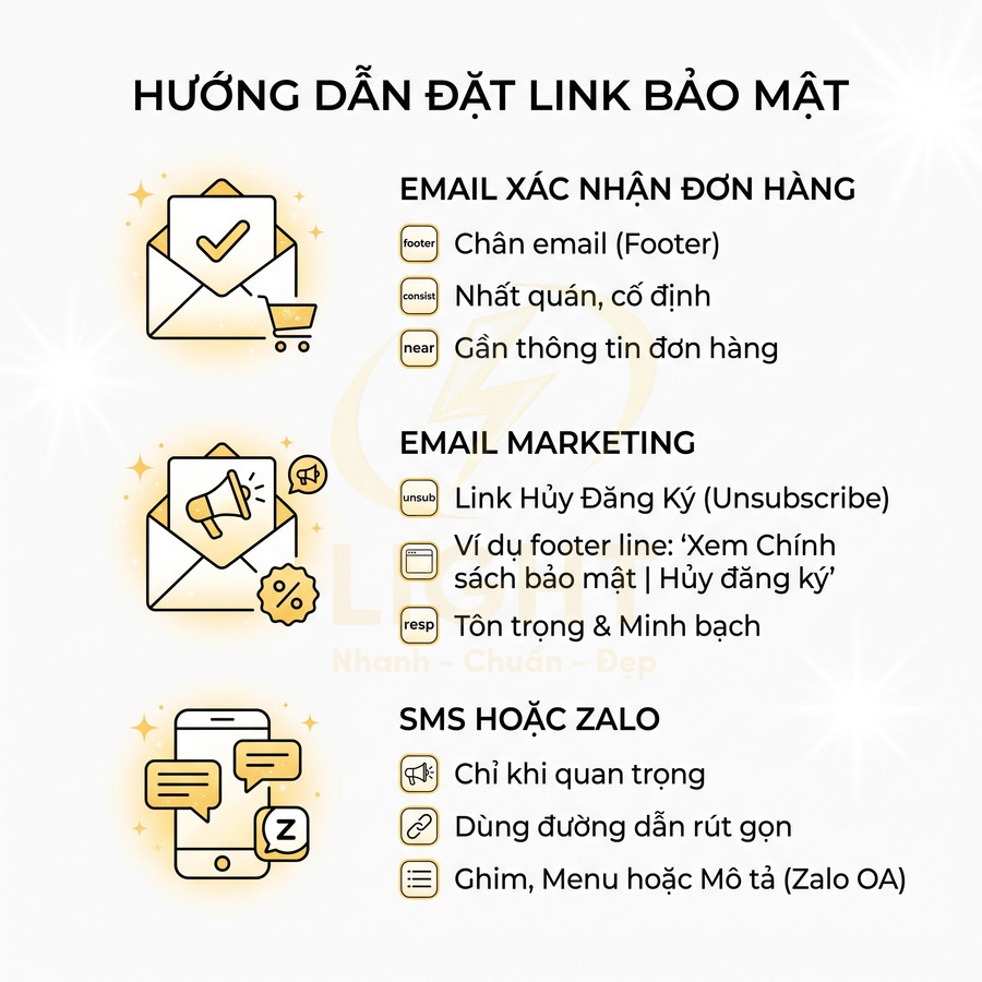 Hướng dẫn đặt link bảo mật trong email xác nhận đơn hàng, email marketing và SMS Zalo với icon minh họa