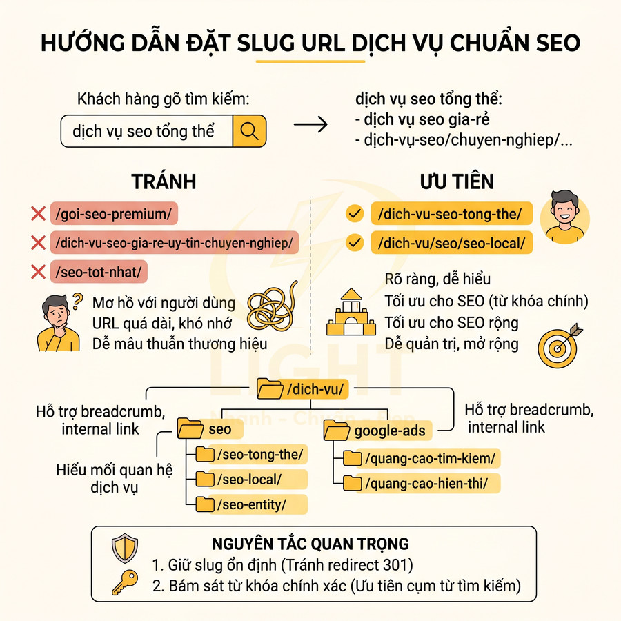 Hướng dẫn đặt slug URL dịch vụ chuẩn SEO với ví dụ slug nên tránh và slug nên ưu tiên, kèm cấu trúc thư mục dịch vụ