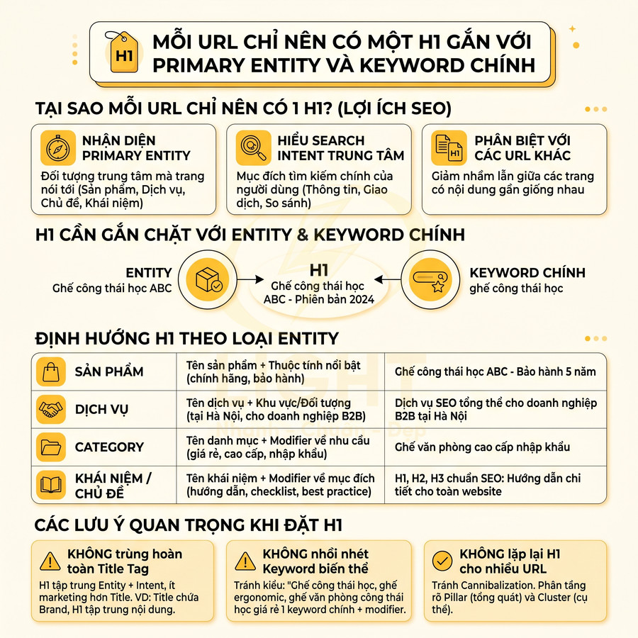 Infographic hướng dẫn đặt thẻ H1 chuẩn SEO cho từng loại entity và keyword chính trên website