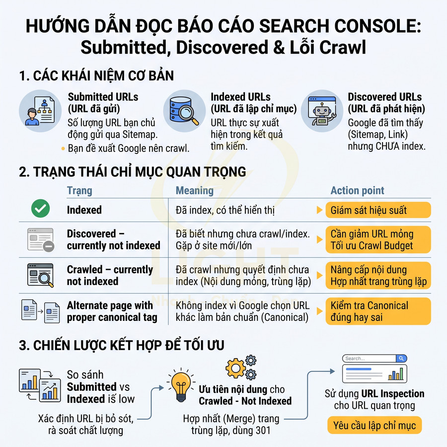 Hướng dẫn đọc báo cáo Google Search Console về Submitted, Discovered, lỗi crawl và chiến lược tối ưu chỉ mục URL