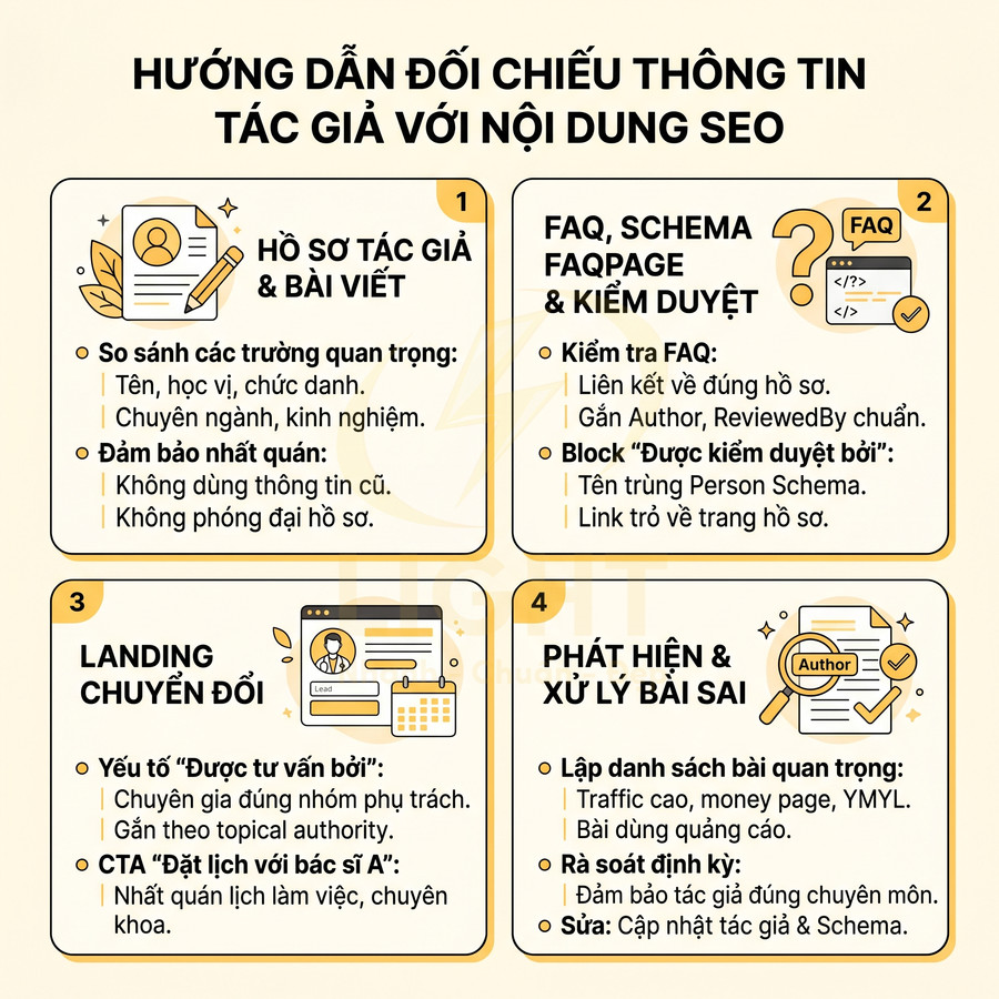 Hướng dẫn đối chiếu thông tin tác giả với nội dung SEO qua hồ sơ, FAQ, landing chuyển đổi và xử lý bài sai