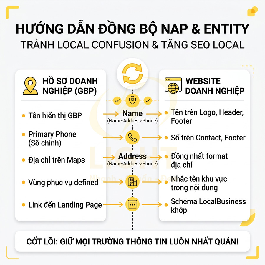 Hướng dẫn đồng bộ NAP và entity giữa hồ sơ doanh nghiệp Google Business Profile và website để tăng SEO local
