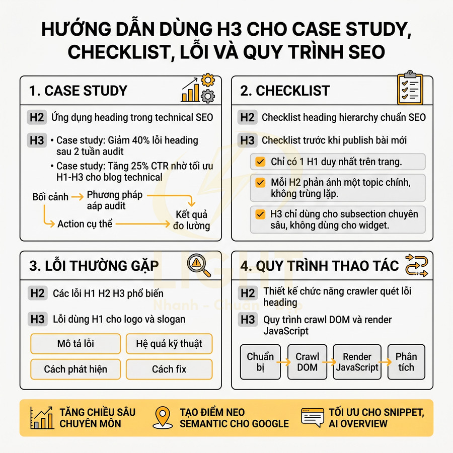 Hướng dẫn dùng thẻ H3 cho case study, checklist, lỗi thường gặp và quy trình thao tác SEO chi tiết