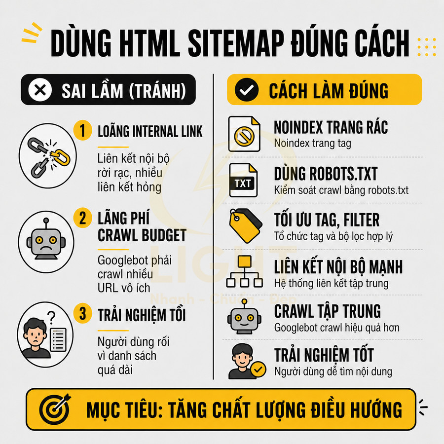Hướng dẫn dùng HTML sitemap đúng cách với sai lầm cần tránh và cách tối ưu SEO, mục tiêu tăng chất lượng điều hướng