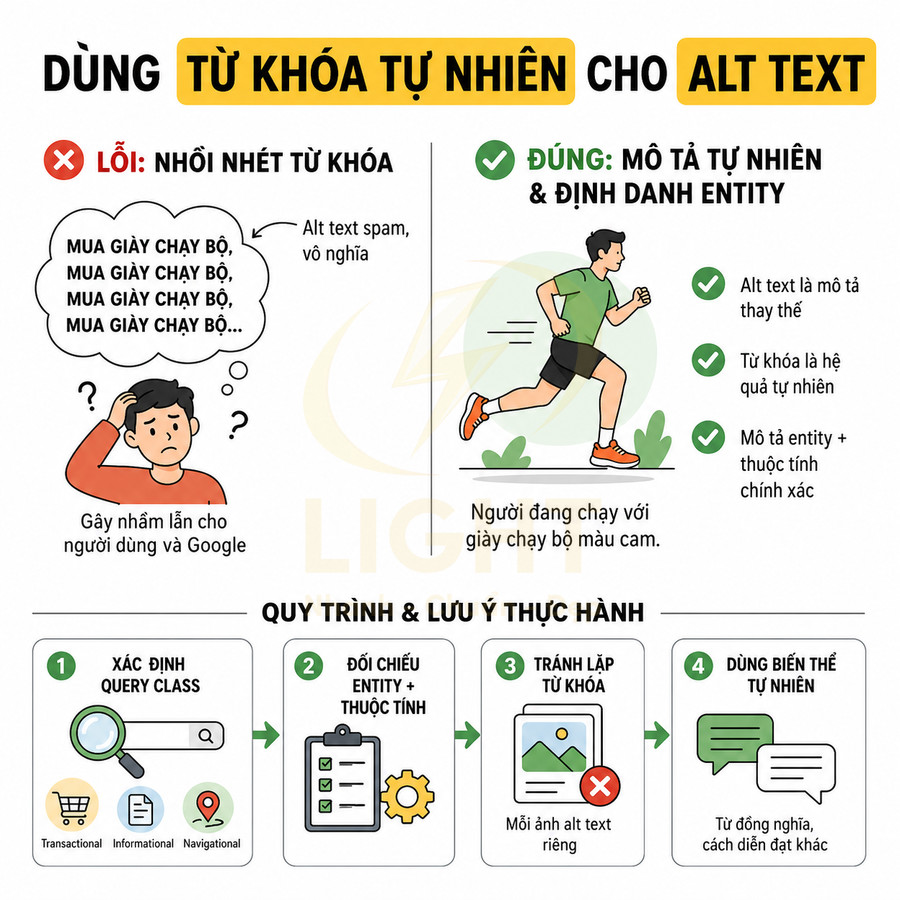Hướng dẫn dùng từ khóa tự nhiên cho alt text với ví dụ người chạy bộ mang giày chạy màu cam